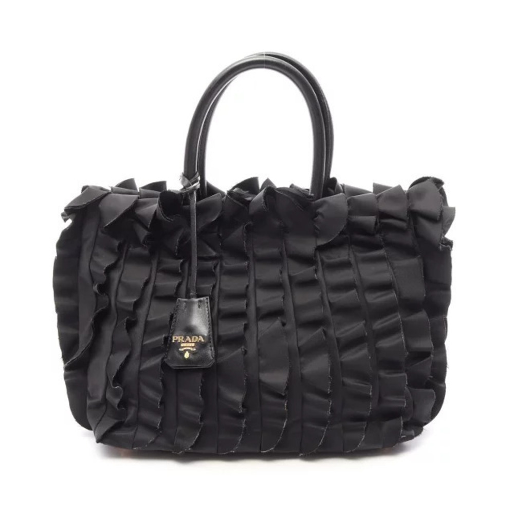 Prada Frill Tote Bag Leather Black